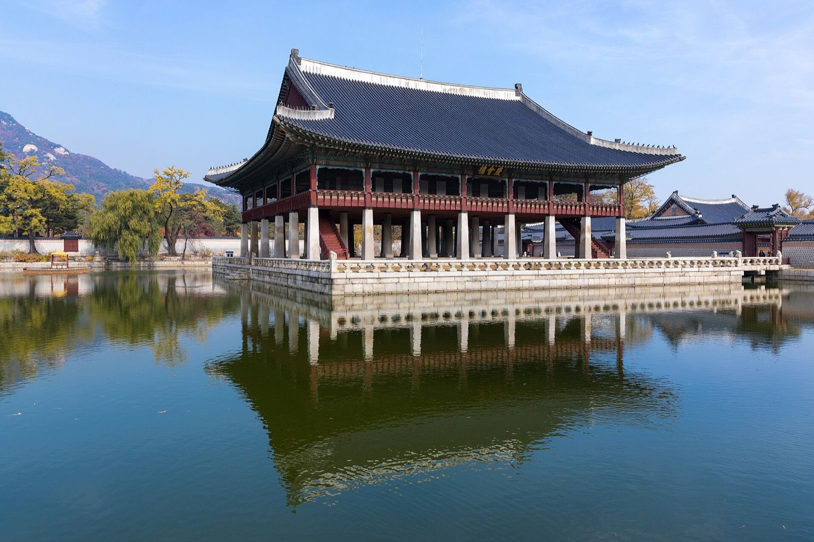 Gyeonghoeru Pavilion over its lotus pond at Gyeongbokgung Palace
